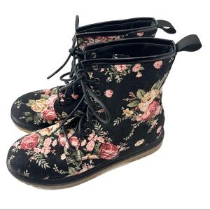 DEB Black Floral Canvas Combat Boots Size 8
